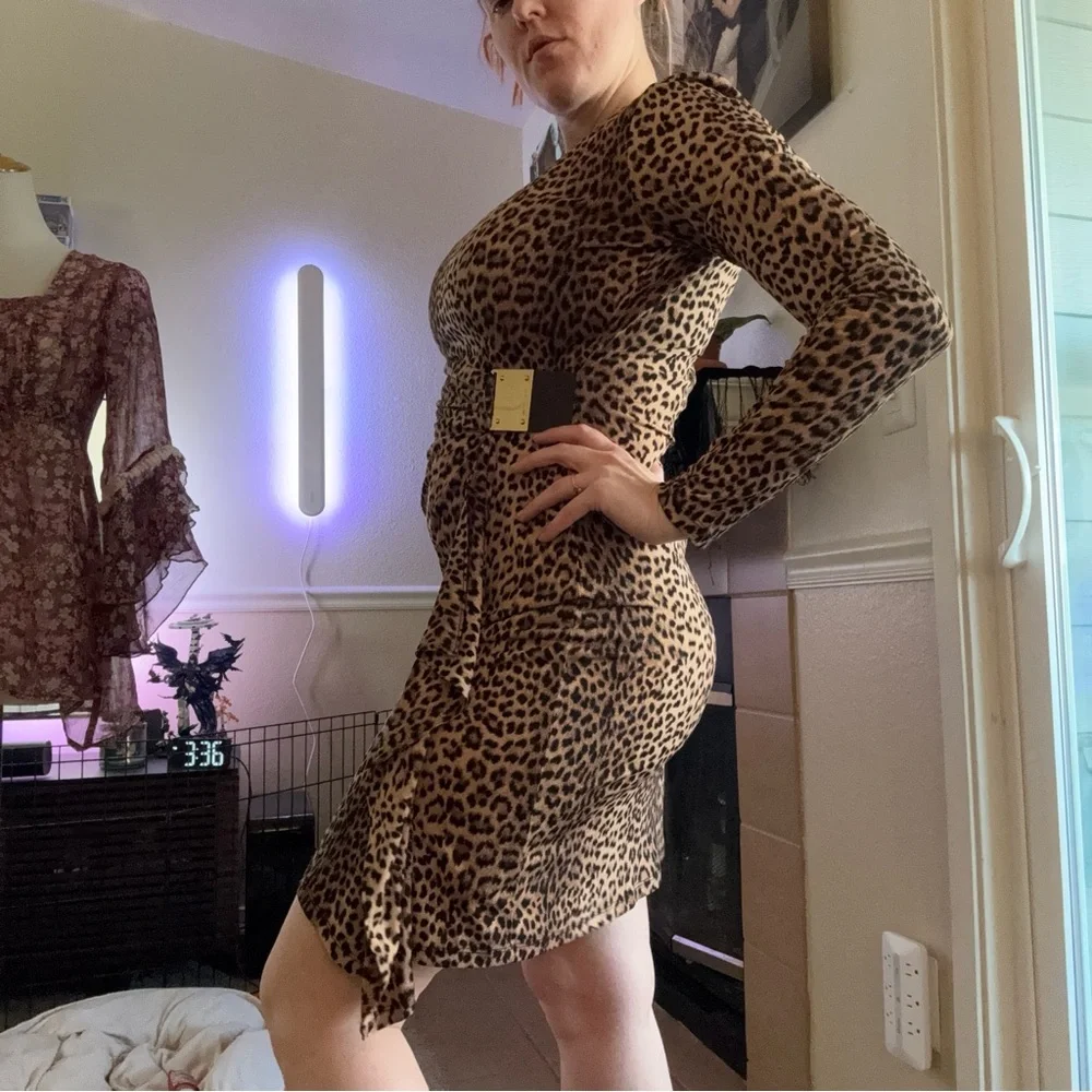 Michael Kors Logo Plate Faux Wrap Leopard Print Dress